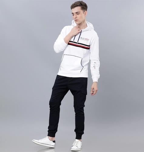 Men White Printed Hooded Sweatshirt